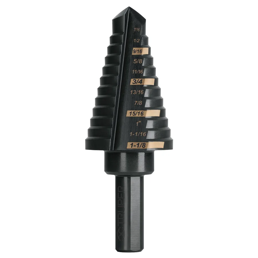 BROCA ESCALONADA ÓXIDO NEGRO 12 ESCALONES 7/16 A 1-1/8" TRUPER"