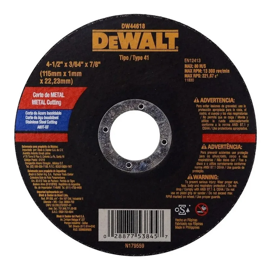 DISCO CORTE DE METAL 4-1/2 X 3/64" X7/8" DEWALT"