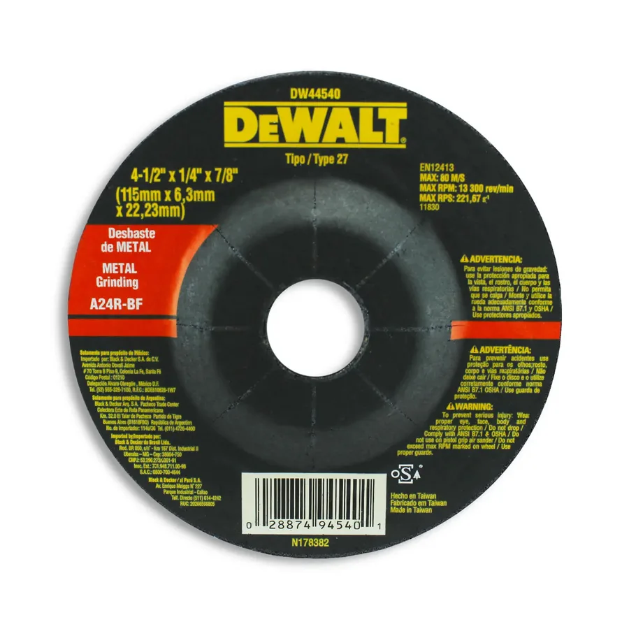 DISCO DESBASTE METAL 4 1/2 X 1/4" X 7/8" DEWALT"