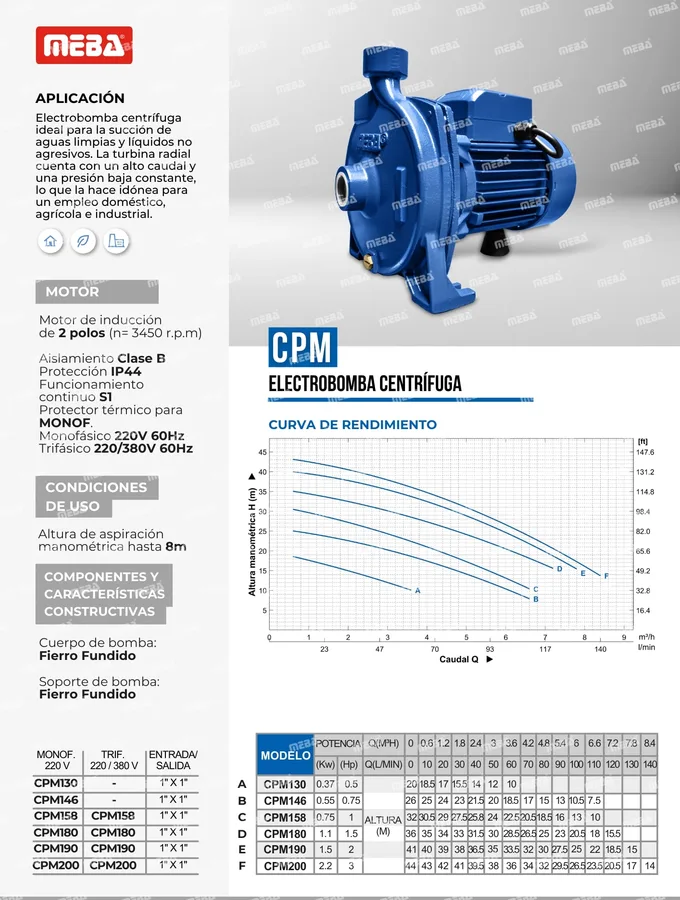 ELECTROBOMBA 0.8 HP 1X1 100L/M 25MTS 220V MEBA
