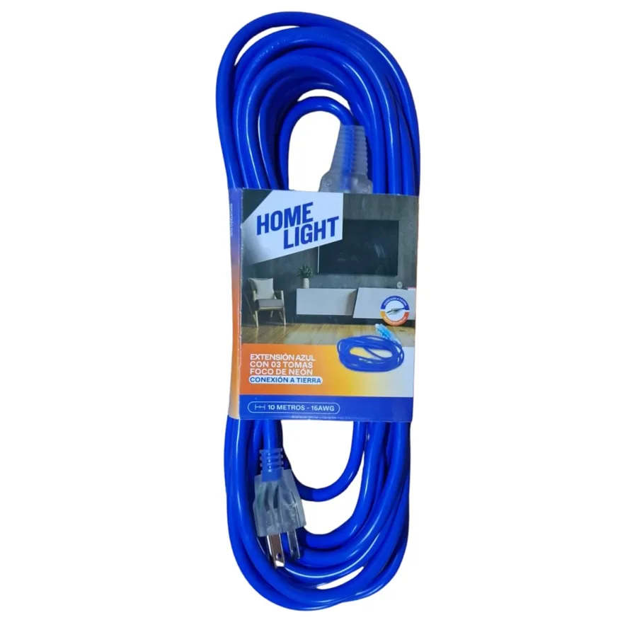 EXTENSION AZUL C/3 TOMAS C/FOCO 10M 16AWG HL HOME LIGHT