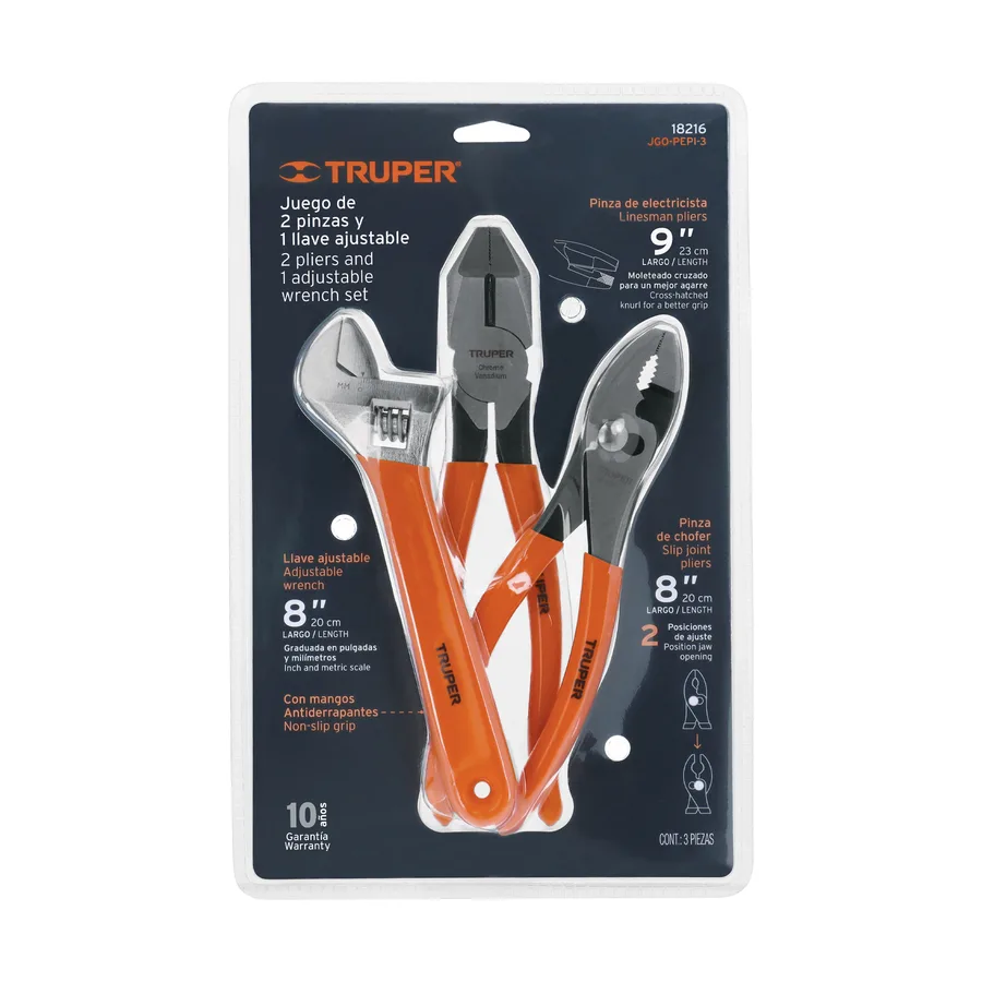 JUEGO DE 2 ALICATE Y LLAVE FRANCESA MANGO DE PVC TRUPER