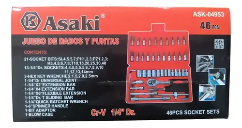 JUEGO DE DADOS Y PUNTAS 1/4(46 PZAS) ASAKI KAMASA"