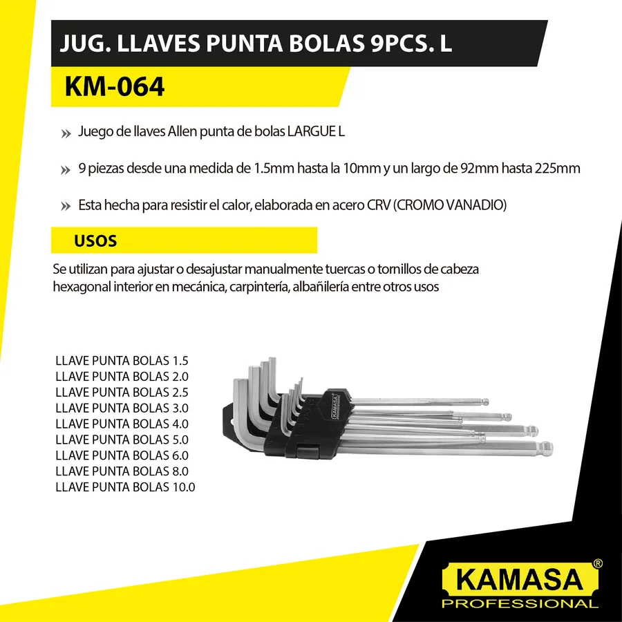 JUG.LLAVE PUNTA BOLAS 9 PCS KAMASA