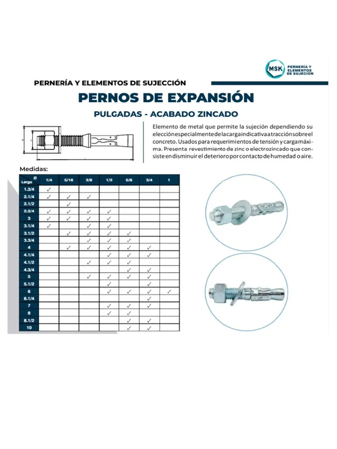 PERNO DE EXPANSION ZINCADO 1/4 X 3 1/4 LA CASA DEL PERNO