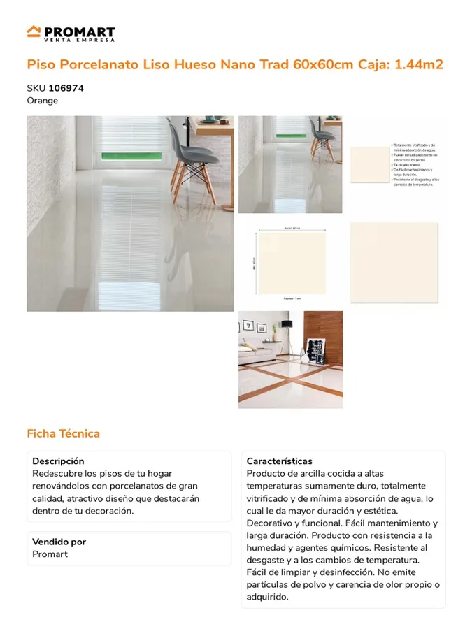 PORCELANATO NANO HUESO 1.44 MTR 60X60 IMPORT