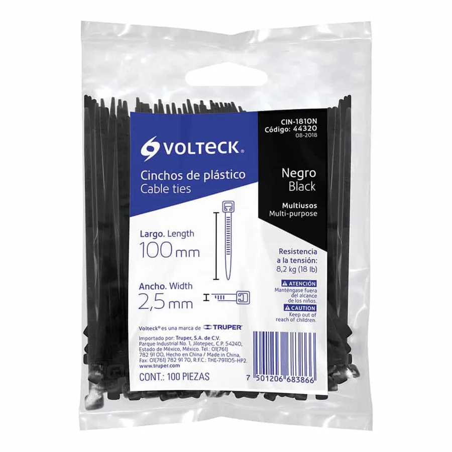 PRESINTO(CINCHO D/PLASTICO)NEGRO 100 MM X 2.5 MM X 100 UND VOLTECH