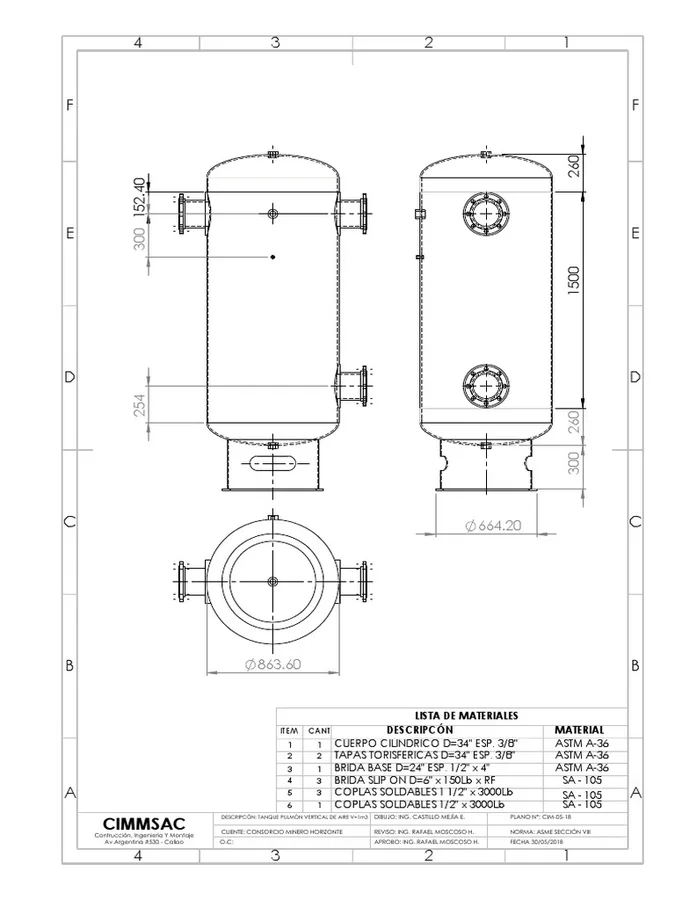 PULMON VERTICAL DE AIRE COMPRIDO DE 2000 LTRS CON ENTRADA 2 Y SALIDA 2" CIA"