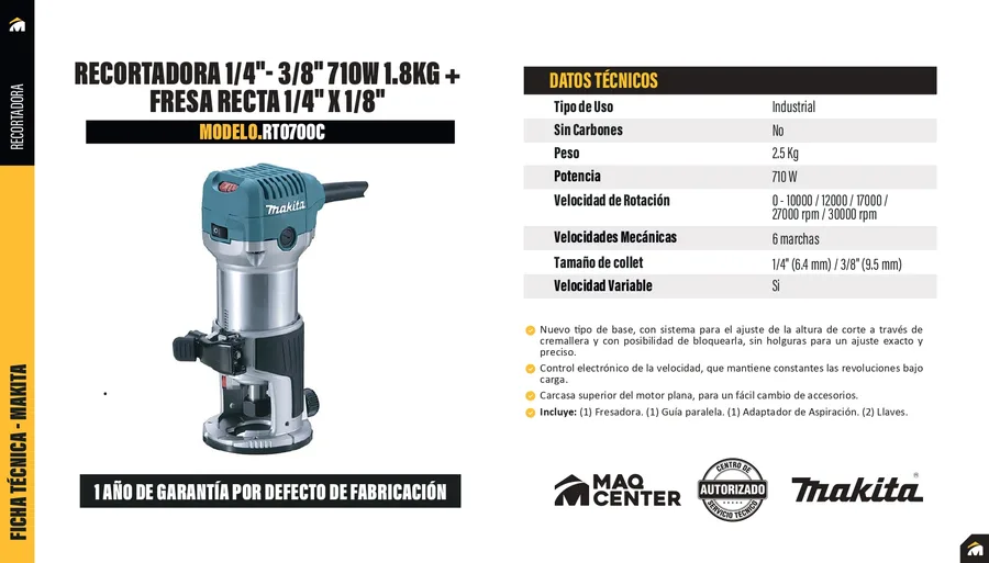 RECORTADORA 1/4 -3/8 710W 10.000-30.000 RPM 1.8KG MAKITA"
