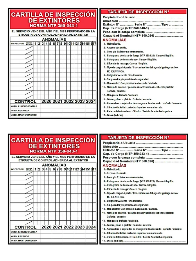 TARJETA DE INSPECCION + STIKER DE EXTINTOR BRUCE