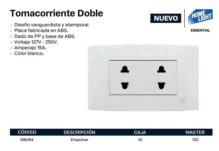 TOMACORRIENTE DOBLE C/TIERRA P/EMPOTRAR HOME LIGHT