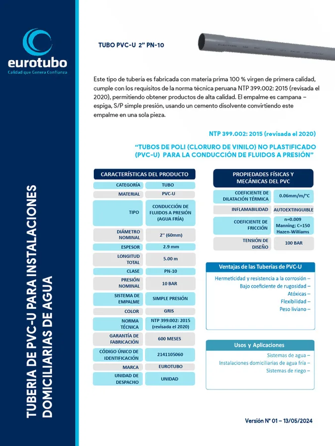 TUBO PVC NTP 1/2 10X5MM S/P EUROTUBO